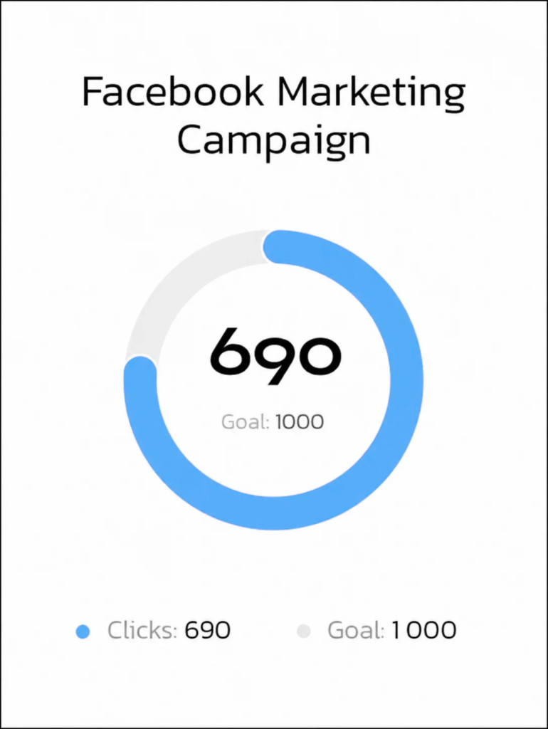 Facebook marketing campaign analytics showing 690 clicks and a goal of 1000
